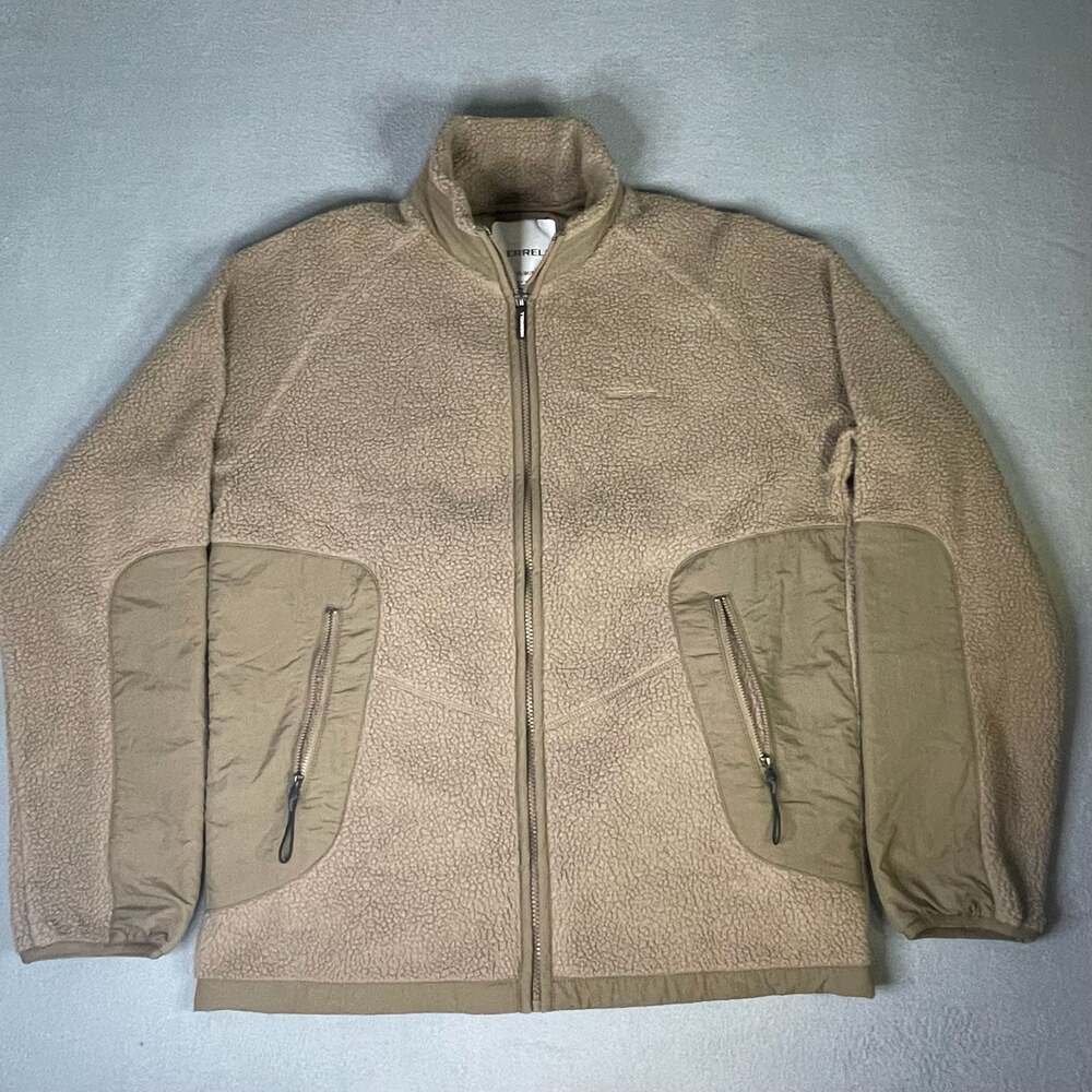 Merrell Men's Beige Sherpa Fleece Full Zip Jacket with Nylon Pockets Size M